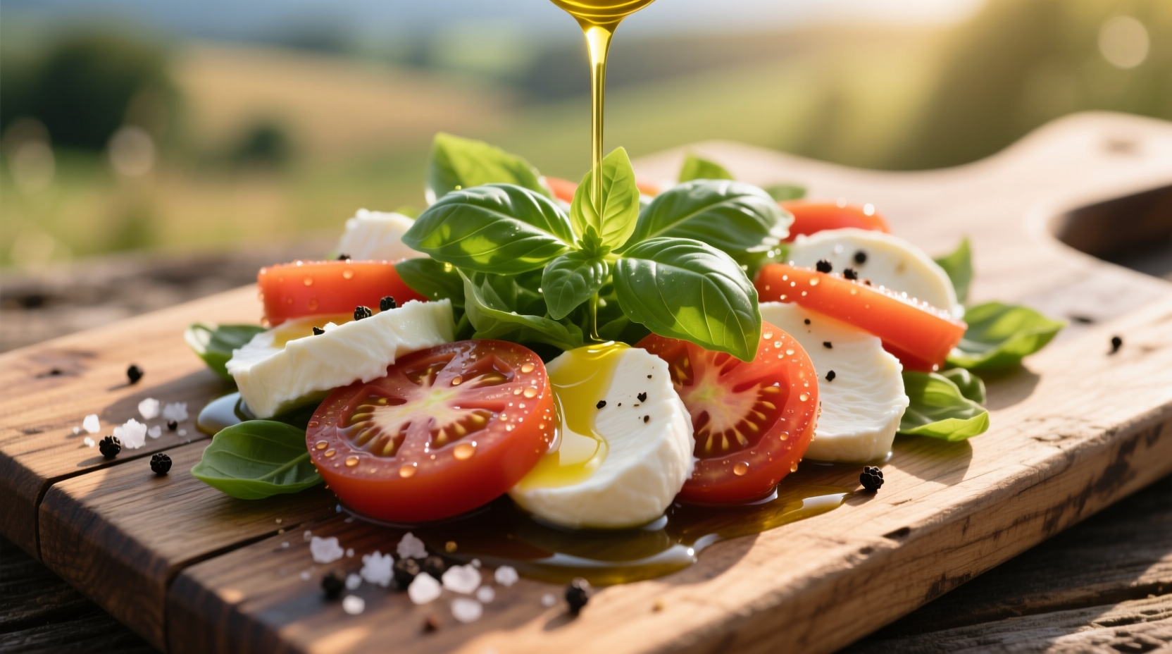Freshly prepared Italian tomato mozzarella salad on wooden board