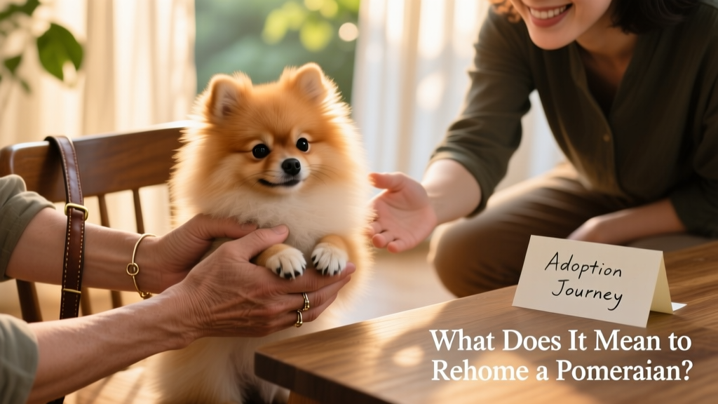 Two hands gently holding a Pomeranian's paws during a calm, supervised meet-and-greet between current and prospective owner
