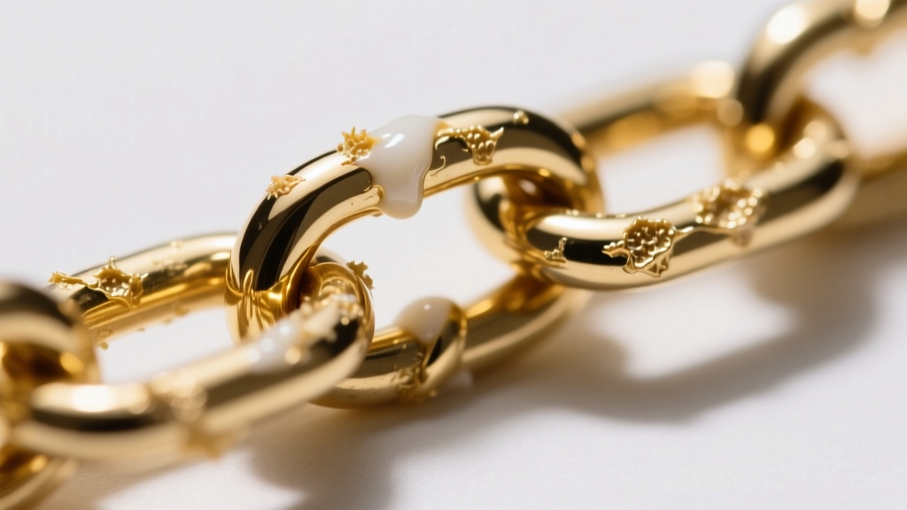 Extreme macro photography of a delicate gold box chain link revealing trapped skin cells and lotion buildup in the crevices.