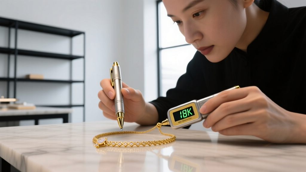 Jeweler using an electronic gold tester pen on a necklace clasp, with a digital display showing karat purity results on screen