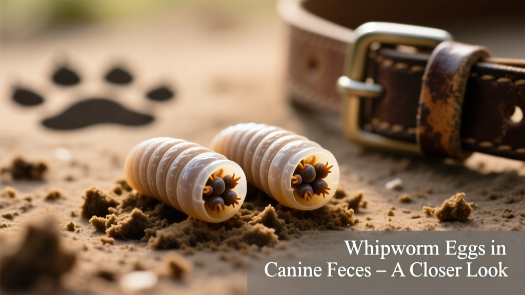 Microscopic view of whipworm eggs in a canine fecal sample, showing their characteristic barrel shape with polar plugs