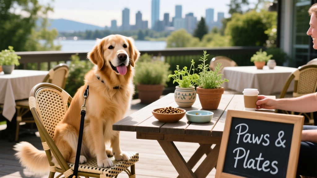 A dog sits happily at an outdoor table on a sunny, dog-friendly restaurant patio in Vancouver