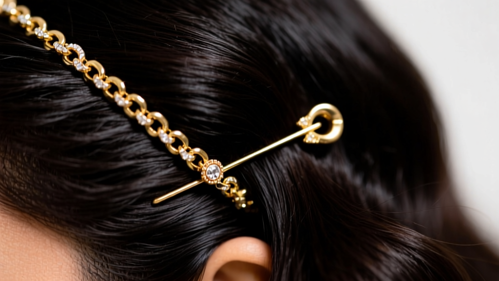 Macro shot of a maang tikka chain secured to dark hair with a hidden bobby pin, showing the styling mechanism for heavy jewelry