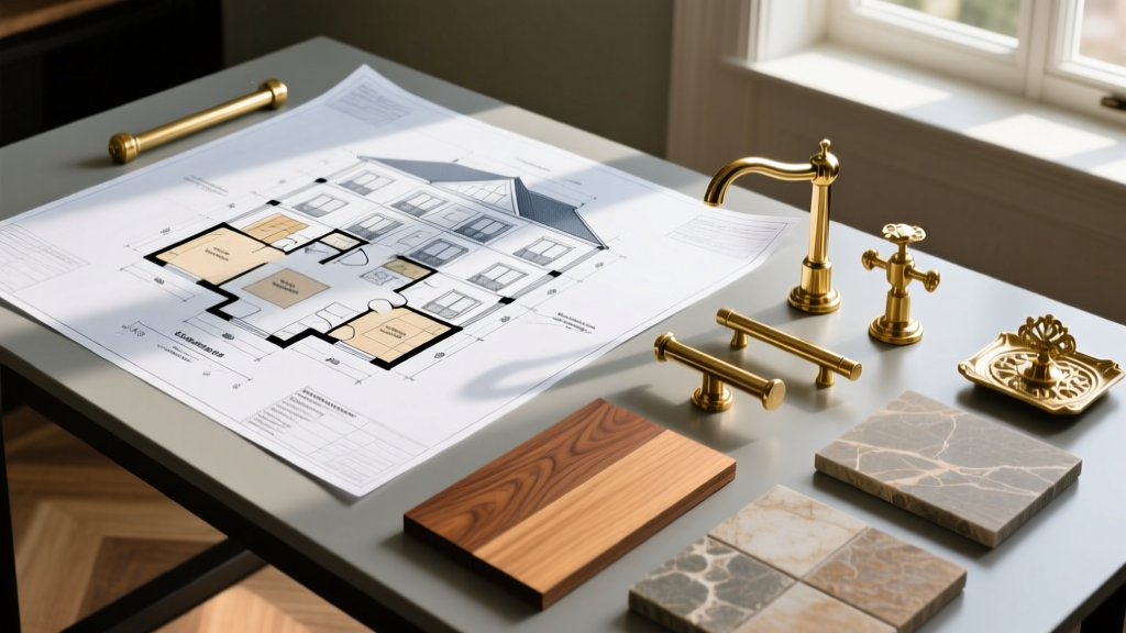 Blueprints for a five-story boutique hotel on a drafting table next to brass fixtures, engineered wood flooring, and stone tile samples