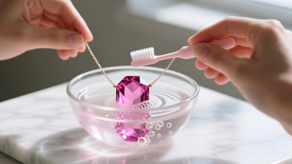 Hands gently brushing a pink tourmaline crystal necklace with a soft baby toothbrush in a small glass bowl of lukewarm soapy water
