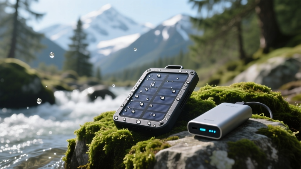 Close-up of a rugged 5-watt portable solar panel charging a power bank on a mossy rock beside a flowing alpine stream