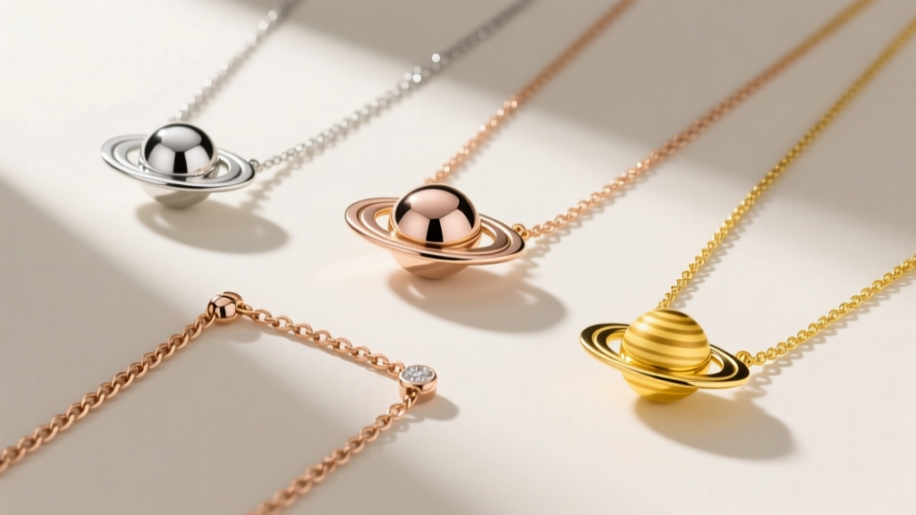 Silver, rose gold, and yellow gold saturn planet necklaces laid flat, displaying varied chain gauges and delicate orbiting rings.