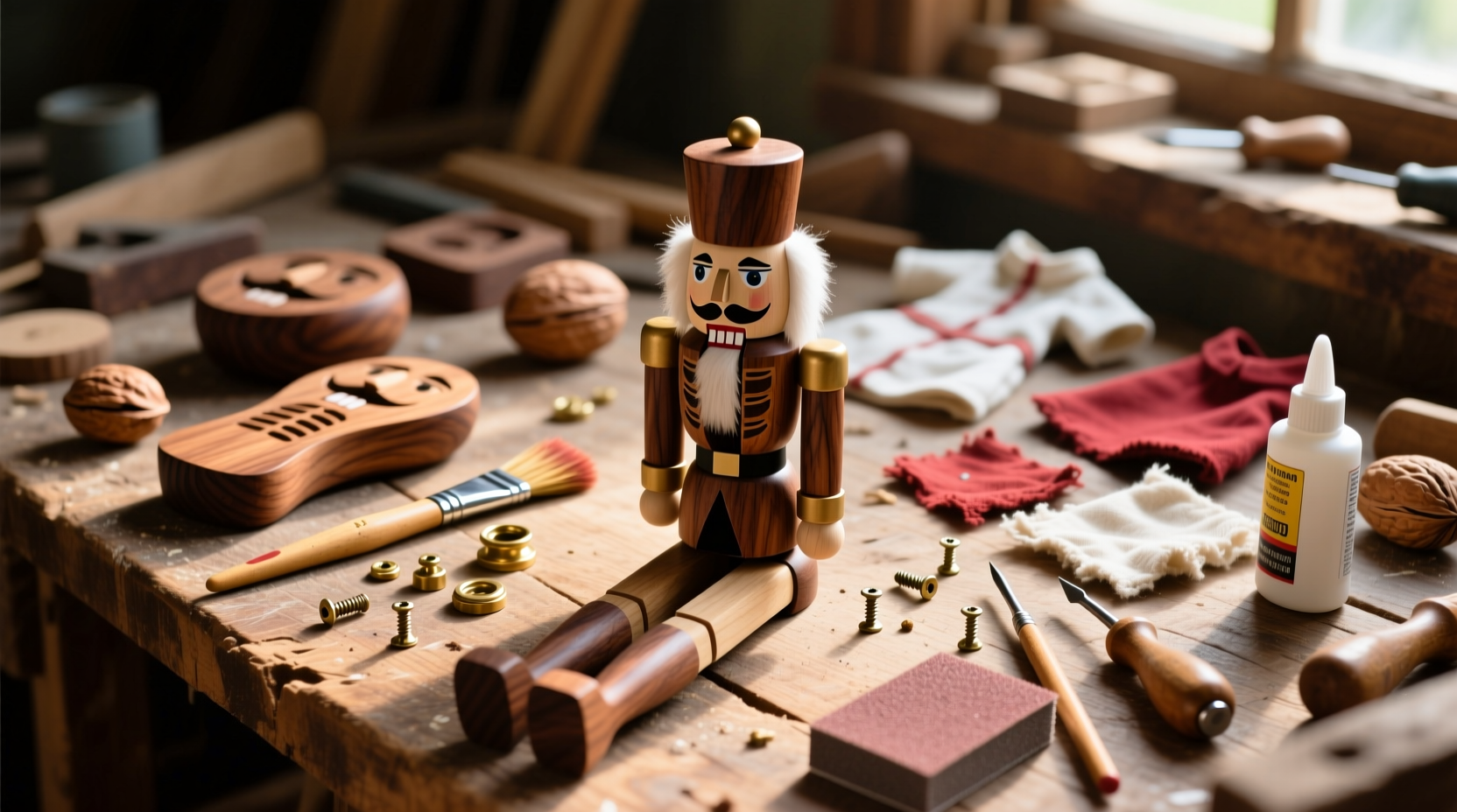 DIY nutcracker materials laid out on workbench