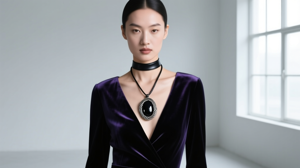Model wearing a dark V-neck velvet dress, styled with a 16-inch black leather cord holding a large wire-wrapped obsidian pendant.