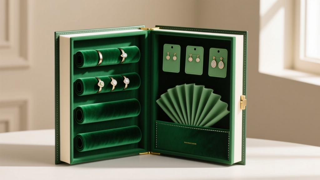 Open book-shaped jewelry organizer revealing velvet ring rolls and anti-tarnish microfiber earring cards in rich emerald green