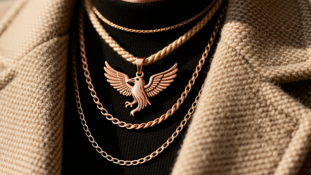 Flat lay of three layered necklaces including a bronze ravenclaw pendant, 2mm rope chain, and 1mm box chain on a tweed jacket