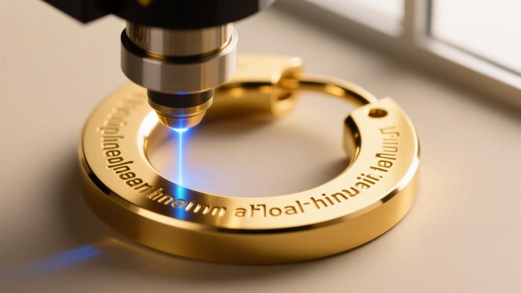 Close-up of a fiber laser engraving machine etching tiny text onto the outer edge of a thick 8-gauge gold huggie earring blank