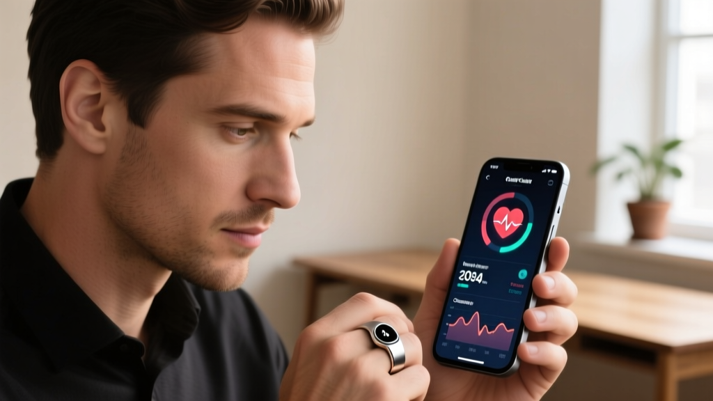 Close-up of a man wearing a brushed titanium Oura Ring 4 while checking sleep readiness metrics on a smartphone screen