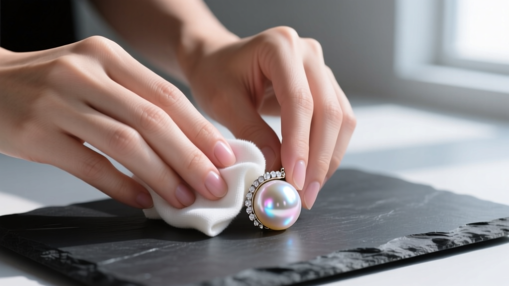 A pair of hands gently wiping a lustrous Akoya pearl body jewelry end with a damp microfiber cloth on a clean dark slate surface.