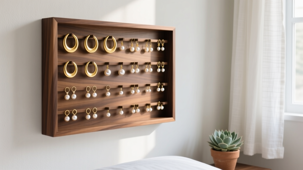 Sleek walnut wood earring organizer wall display filled with gold hoops and pearl studs on a bright modern bedroom wall