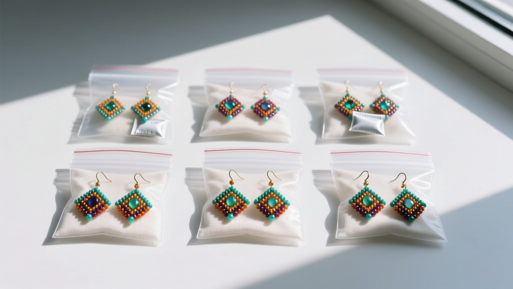 Flat lay showing brick stitch beaded earrings inside individual anti-tarnish ziplock bags with small silica gel packets.