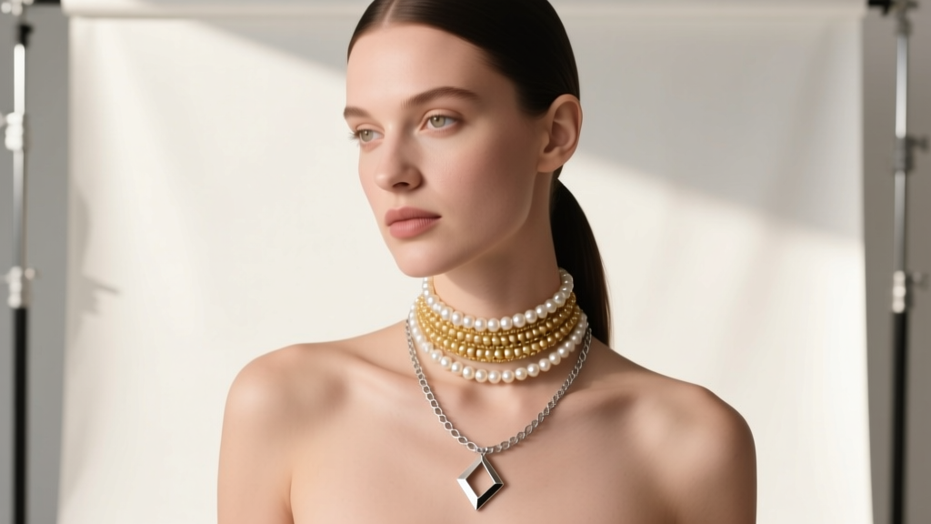 Model wearing a layered stack with a delicate Victorian 9k gold seed pearl choker and a modern minimalist 20-inch silver chain