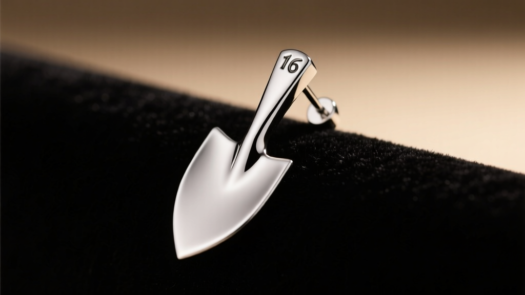 Close-up of a silver spade earring on black velvet, showing a thick 16-gauge post and sharp bottom tip under warm studio lighting