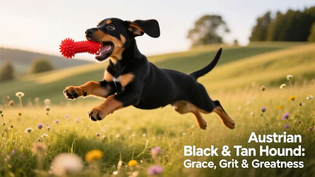 A joyful Austrian Black & Tan Hound puppy playing fetch in a grassy field, mid-leap with a toy in its mouth