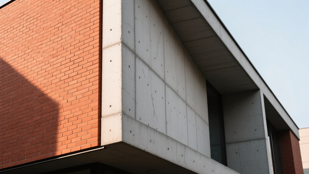 Architectural showcase contrasting a warm red clay brick veneer facade with a gray reinforced concrete block structural wall