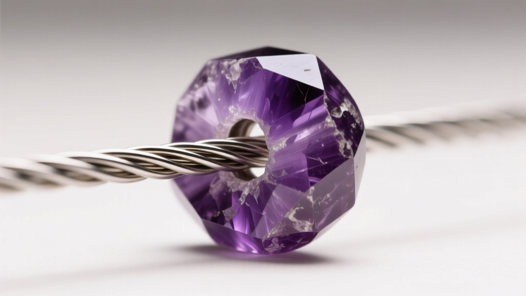 Macro photo of 49-strand steel beading wire threaded through the drill hole of a rough-hewn purple amethyst quartz chip bead