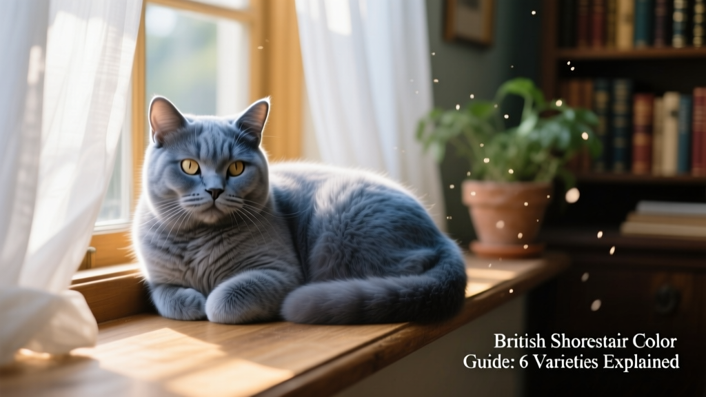 A relaxed adult British Shorthair curled up on a sunlit windowsill, showcasing the dense, plush texture of its coat