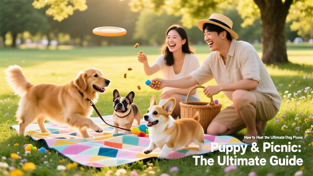 A sunny park scene with several dogs playing near colorful picnic blankets and cheerful pet parents