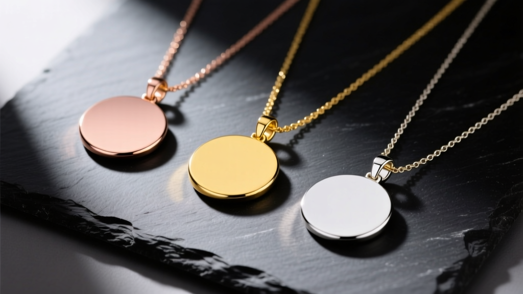 Flat lay of three circle necklace pendants in rose, yellow, and white gold, arranged on dark slate with soft directional lighting.