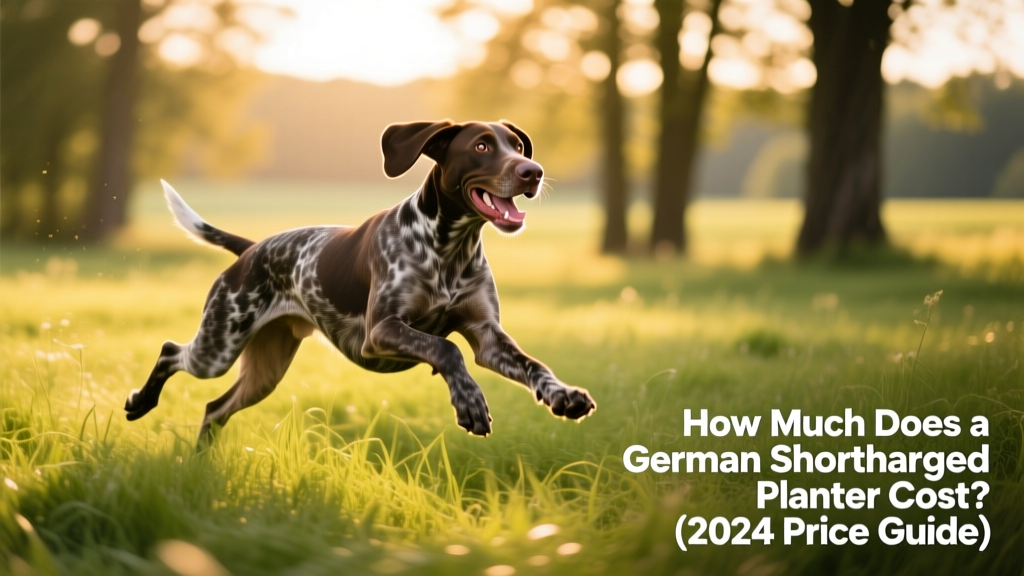 German Shorthaired Pointer running joyfully through a sunlit field with grass and trees in the background