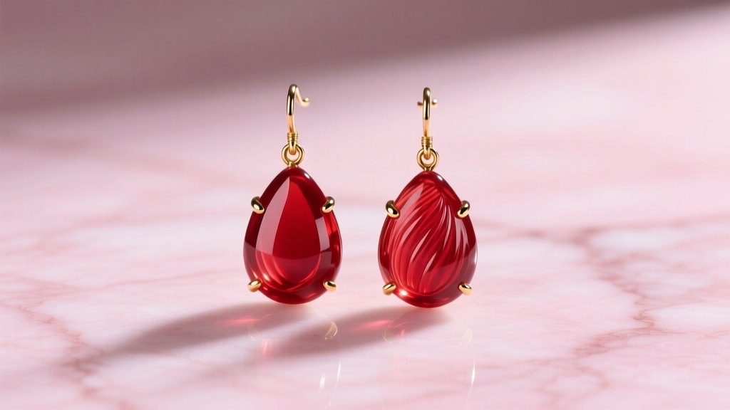 Macro photo of vibrant candy-shaped drop earrings made of translucent red resin and gold vermeil on pink marble.