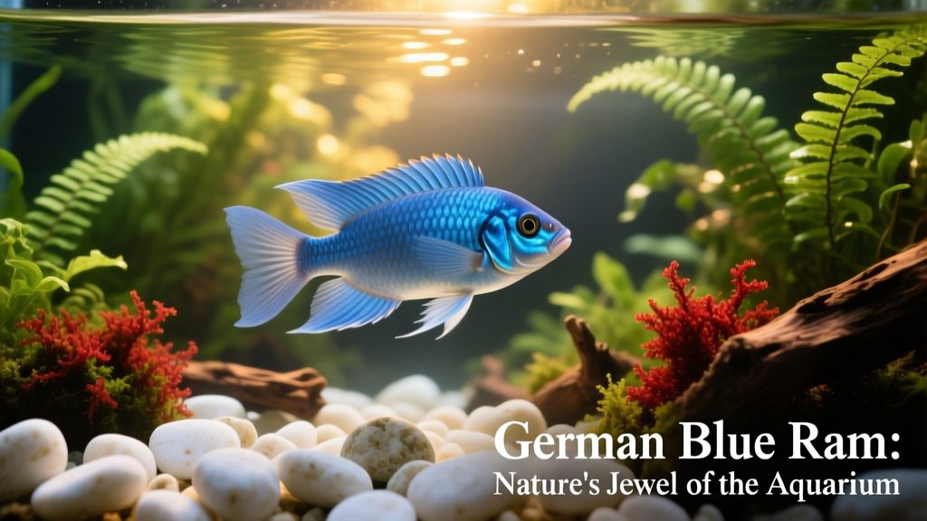 German Blue Ram swimming gracefully over white pebbles in a planted aquarium