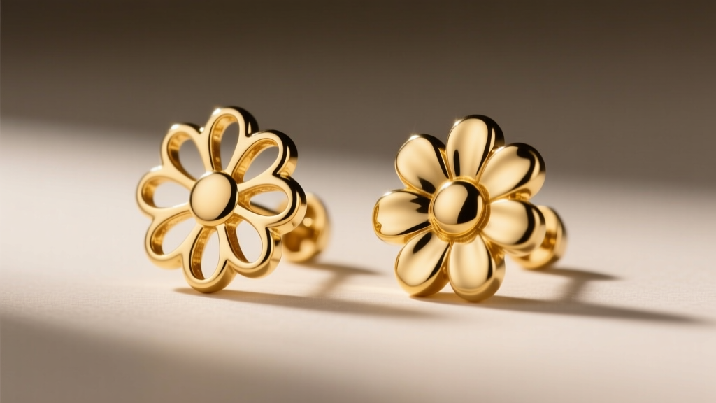 Macro shot of a hollow die-struck gold daisy earring beside a solid cast gold daisy, highlighting thickness and weight differences.