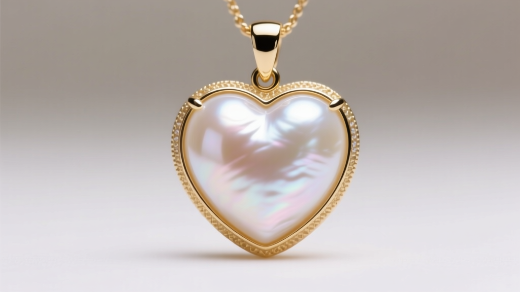Macro shot of a carved white Akoya pearl heart pendant in a gold bezel setting, showing sharp luster and subtle rose overtones