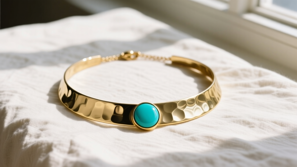 Flat lay of a vintage 1990s Coldwater Creek necklace with hammered gold-tone brass and polished turquoise cabochons on linen