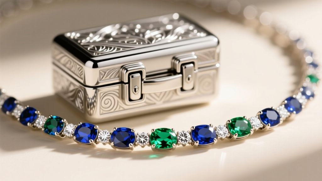 Macro shot of a platinum box clasp with double safety catches on a heavy gemstone riviere necklace, showing intricate metalwork.