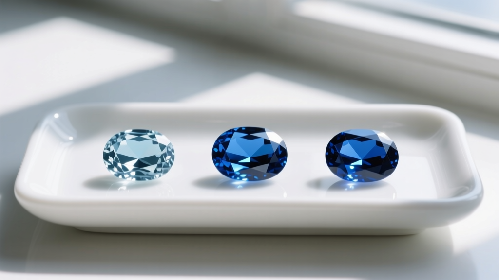 Three loose oval-cut Ceylon sapphires showing varying cornflower blue saturation levels on a white ceramic grading tray