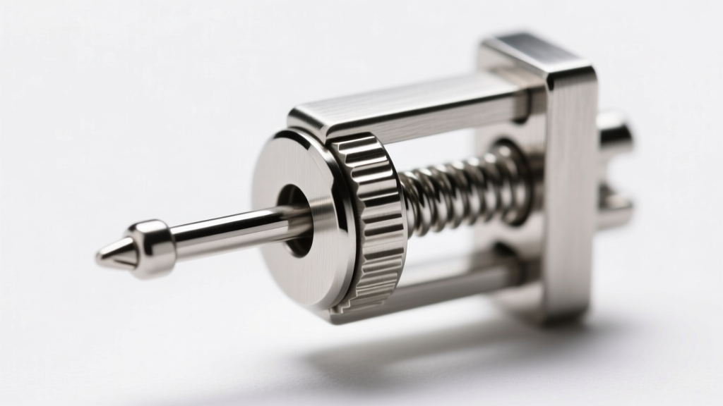 Side profile of a patented secure-lock earring back using a stainless steel micro-clutch to grip a platinum earring post tightly