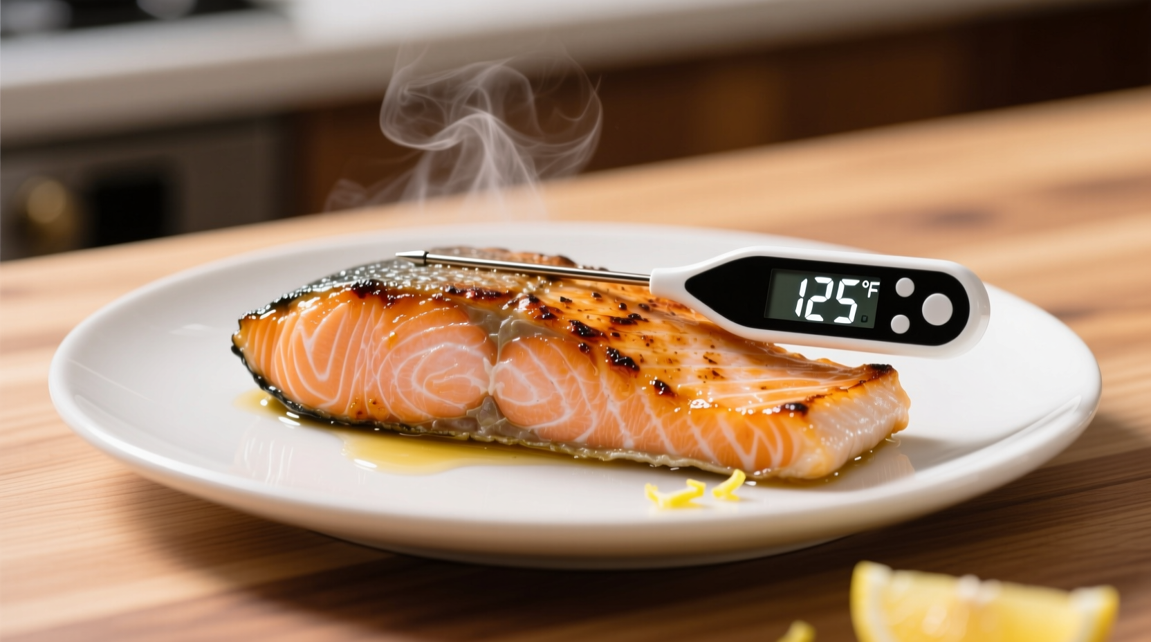 Salmon fillet with digital thermometer showing 125 degrees