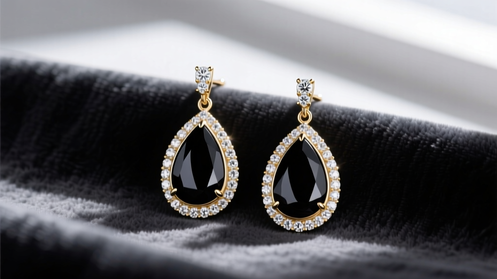 Elegant 18k white gold drop earrings with pear-cut black onyx and micro-pave diamond halos resting on dark charcoal velvet fabric.