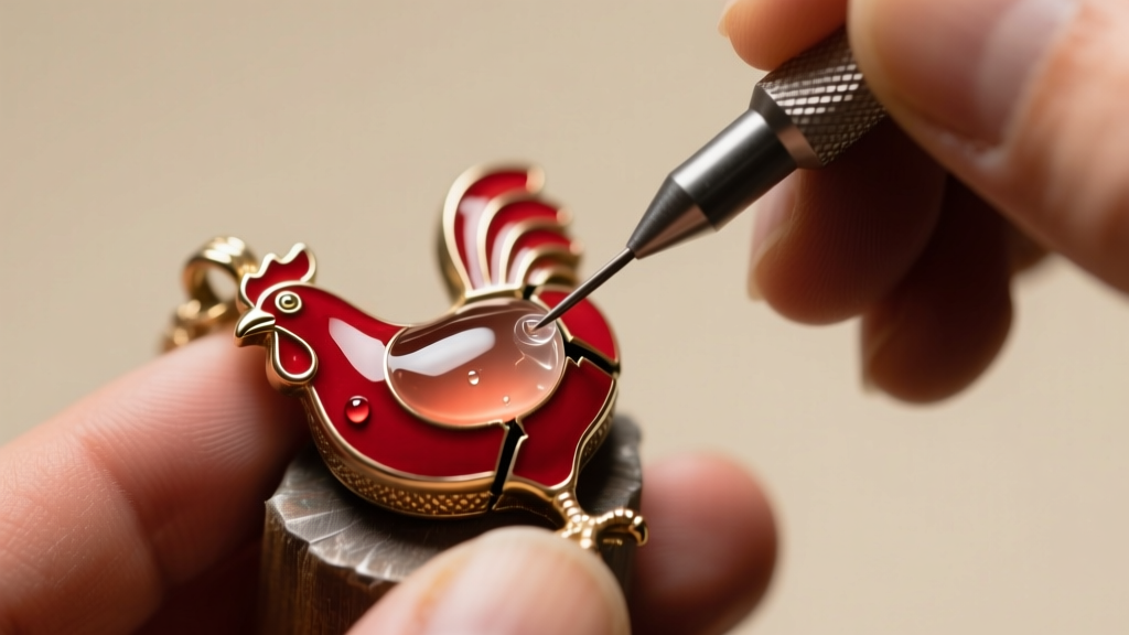 Jeweler applying clear UV resin to a chipped red enamel section on a hen pendant using a fine-tipped precision needle tool.