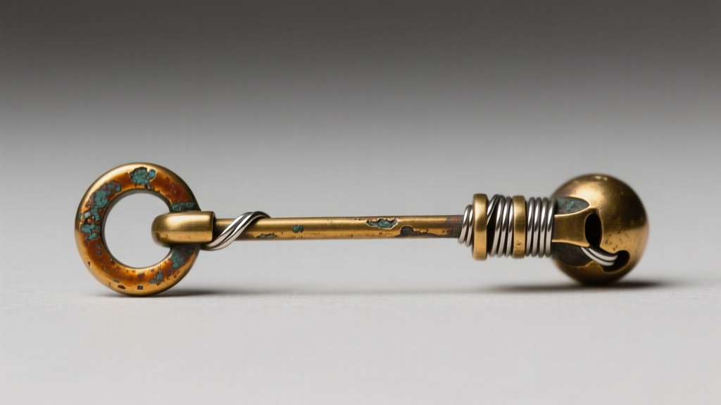 Macro view of a vintage brooch safety catch showing an oxidized brass pin stem and solder joints against a neutral gray backdrop.