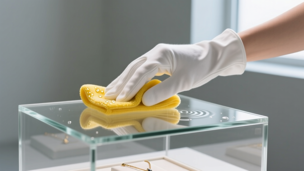 Hands in white cotton gloves gently wiping the lid of a clear glass jewelry display case with a plush yellow microfiber cloth and distilled water.