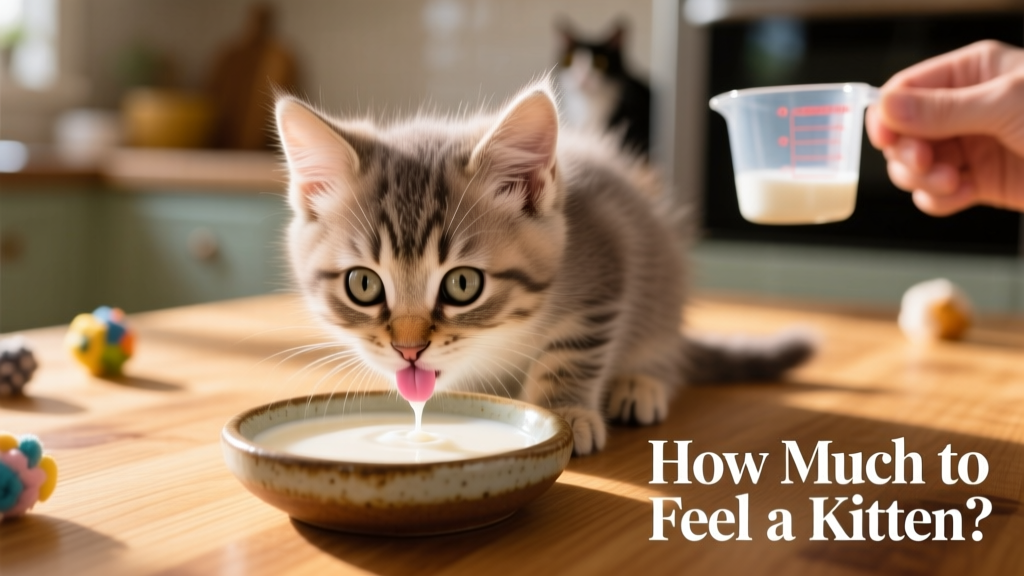 A close-up of a fluffy 4-week-old kitten gently lapping from a shallow dish of kitten gruel
