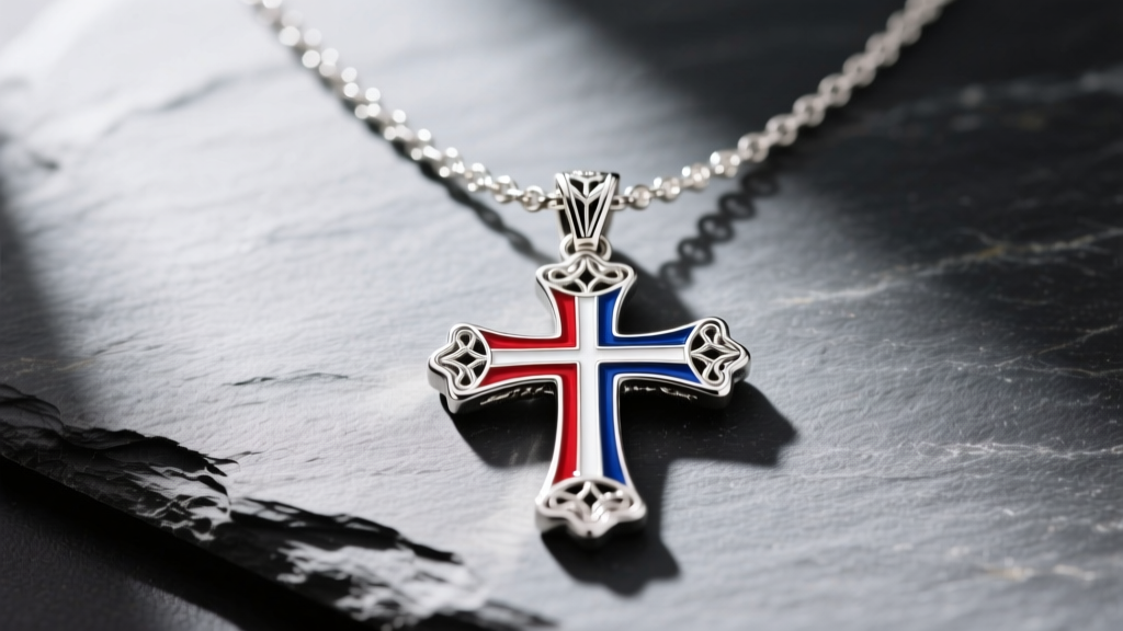 Sterling silver American flag cross necklace on slate, displaying vibrant red, white, and blue enamel under soft lighting