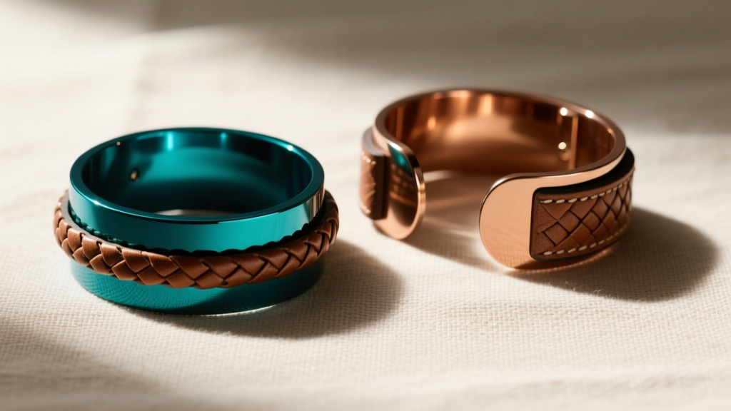 Flat lay of anodized titanium cuffs in deep teal and bronze tones layered with woven leather on a natural linen background