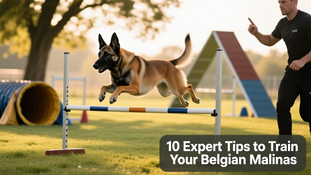A calm, focused Belgian Malinois performing a complex agility obstacle under its handler's guidance