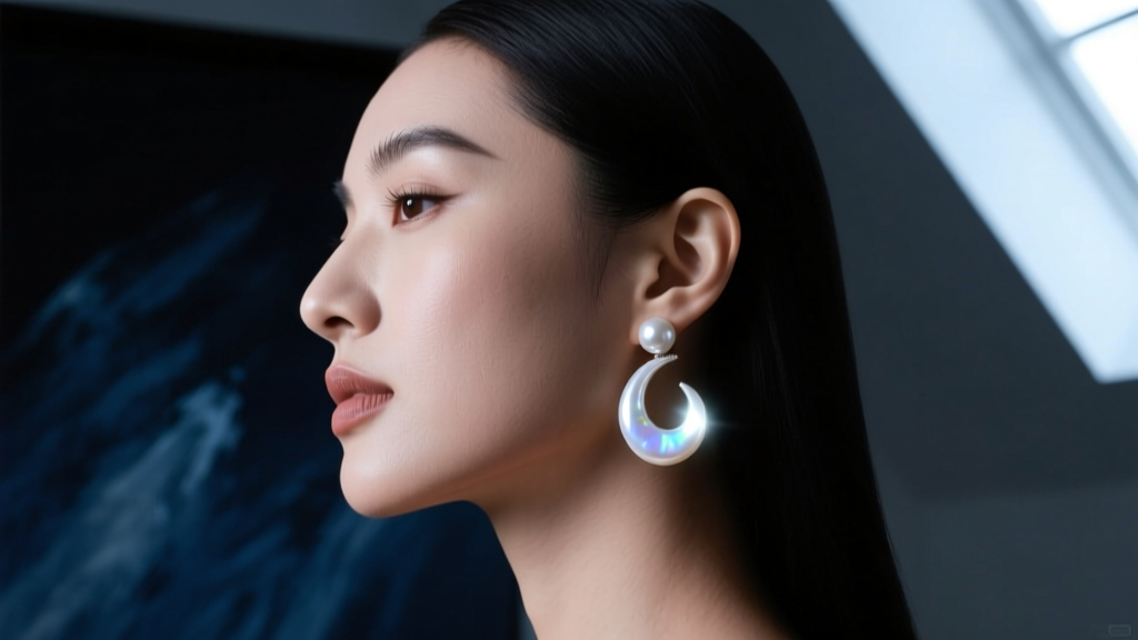 Side profile of a woman wearing a large luminous white pearl drop earring against a dark moody painterly studio background