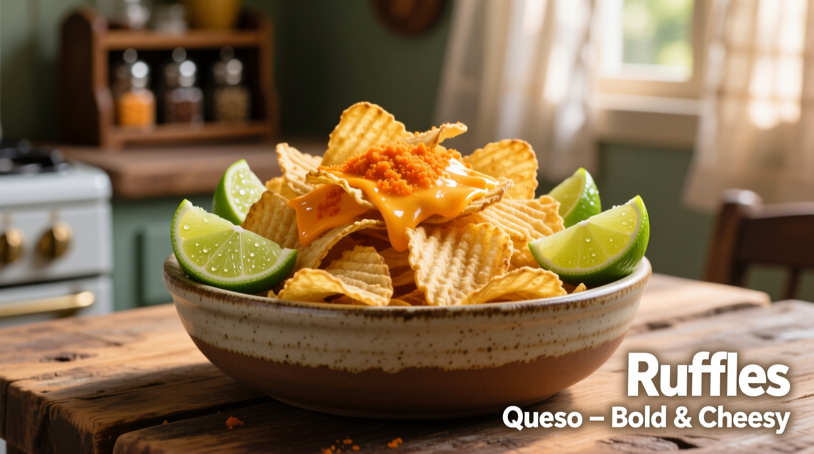 Ruffles Queso chips in a bowl with lime wedges