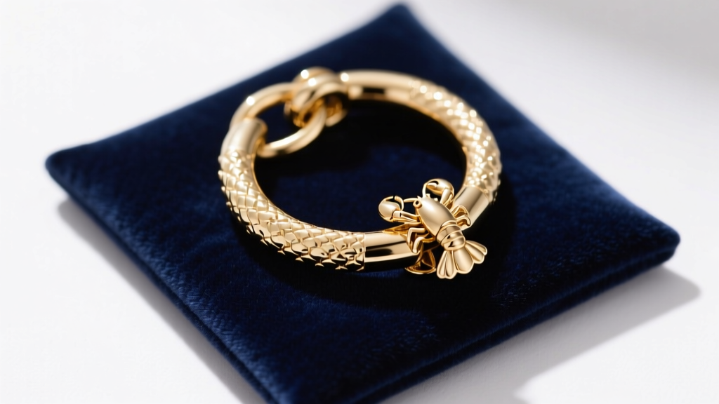 Top-down view of a heavy-duty 14k white gold lobster clasp attached to a thick jump ring on a soft navy velvet jewelry pad.