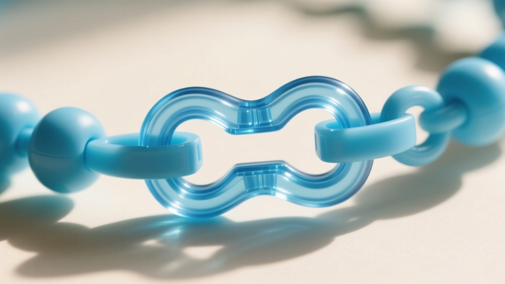 Macro shot of a plastic safety breakaway clasp on a sensory necklace chew, highlighting the interlocking release mechanism.